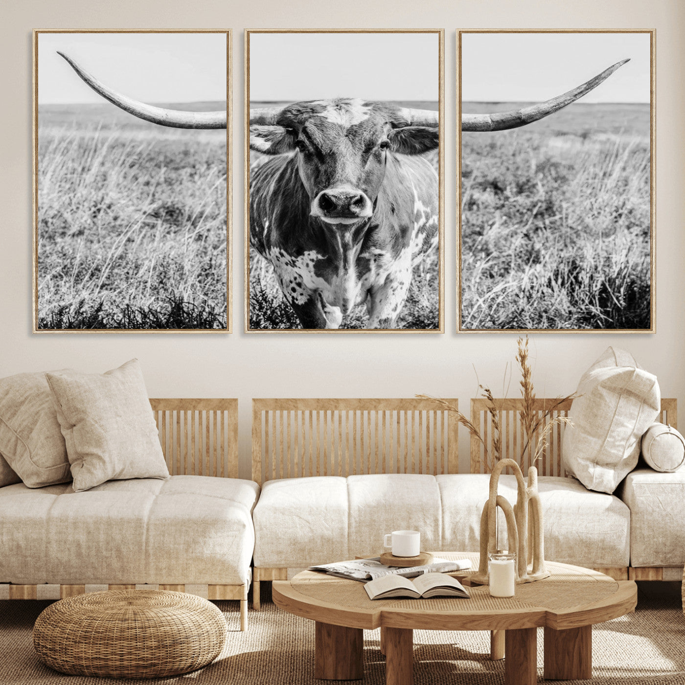 77320-MGV-CV-36X24-Texas Longhorn Wall Art – Black and White Western Cattle Canvas Print, Rustic Farmhouse Animal Photography Decor for Living Room,