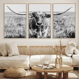 77320-MGV-CV-36X24-Texas Longhorn Wall Art – Black and White Western Cattle Canvas Print, Rustic Farmhouse Animal Photography Decor for Living Room,