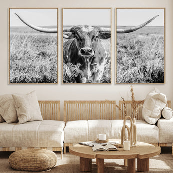 77320-MGV-CV-36X24-Texas Longhorn Wall Art – Black and White Western Cattle Canvas Print, Rustic Farmhouse Animal Photography Decor for Living Room,
