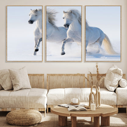 80145-MGV-CV-36X24-White Horses Running Snow Wall Art – Majestic Equine Canvas Print, Winter Nature Photography Decor for Living Room, Office,