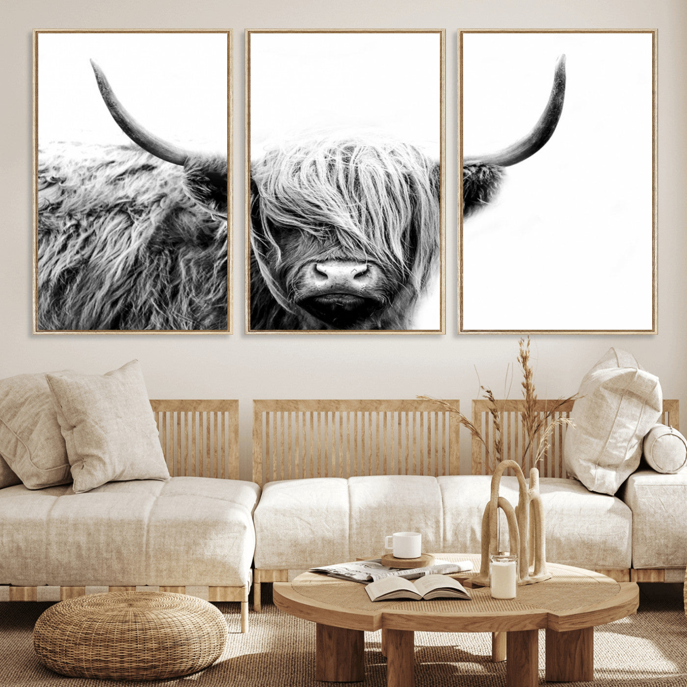 51957-MGV-CV-36X24-Highland Cow Wall Art – Black and White Scottish Highland Bull Canvas Print, Rustic Farmhouse Animal Decor for Living Room,