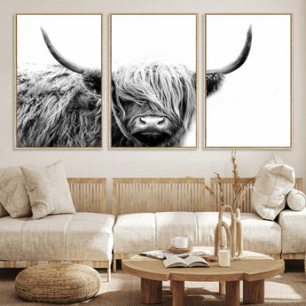 51957-MGV-CV-36X24-Highland Cow Wall Art – Black and White Scottish Highland Bull Canvas Print, Rustic Farmhouse Animal Decor for Living Room,