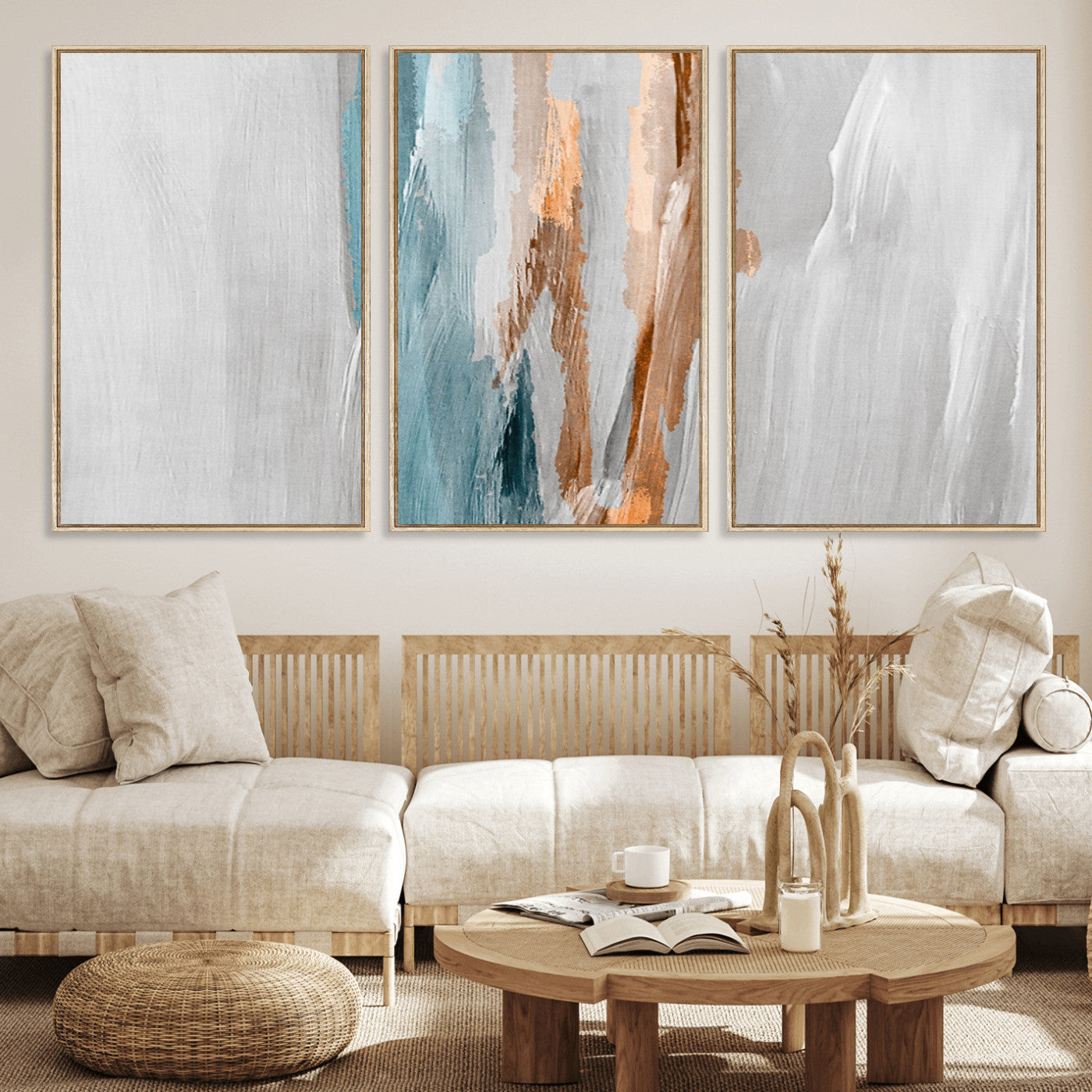 66154-MGV-FC-60X30-3P_Natural-Abstract Brushstroke Wall Art – Modern Teal and Gold Canvas Print, Minimalist Contemporary Painting for Living Room, Bedroom, or