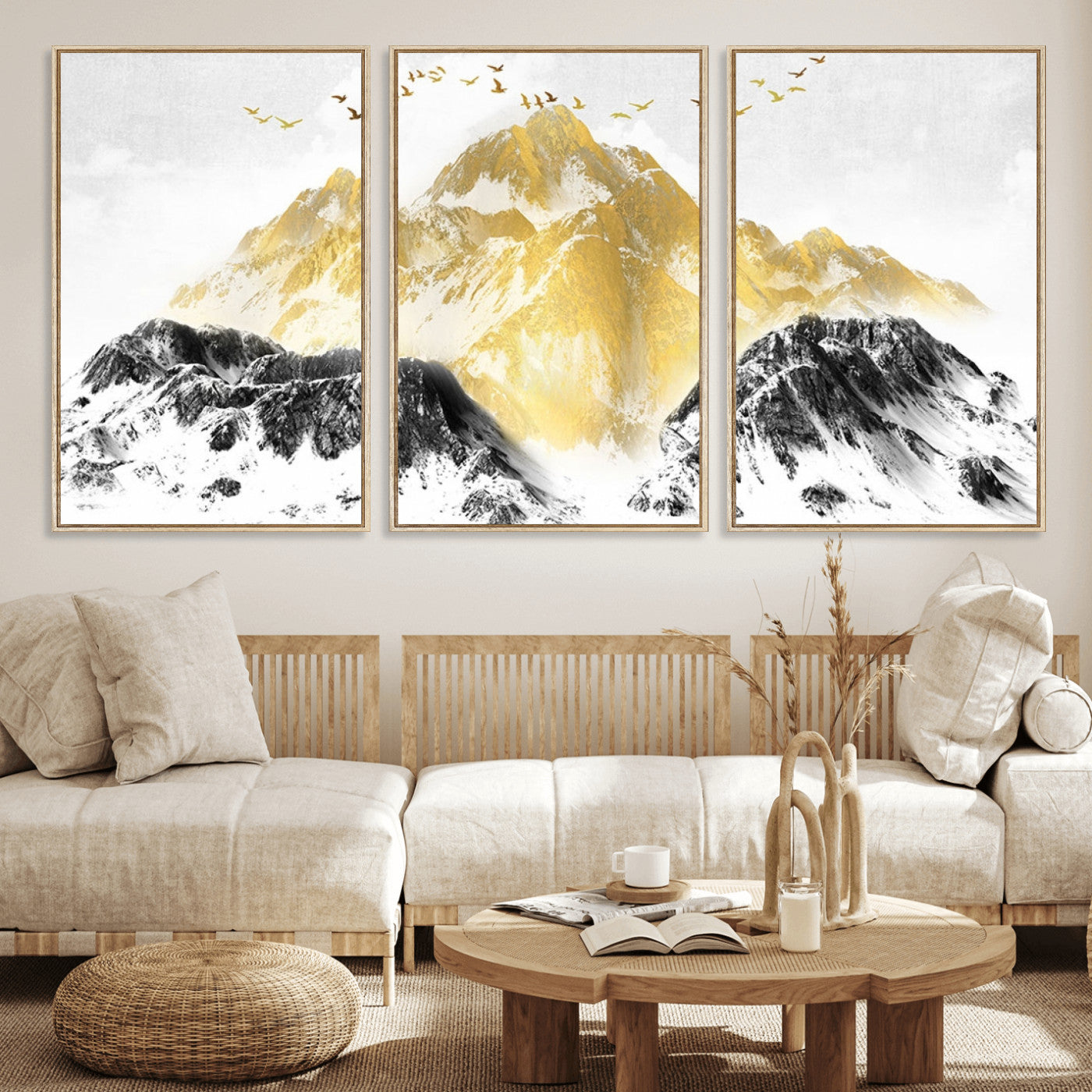 37733-MGV-CV-36X24-Golden Mountain Wall Art – Modern Abstract Landscape Canvas Print with Birds, Luxury Nature Decor for Living Room, Bedroom, or