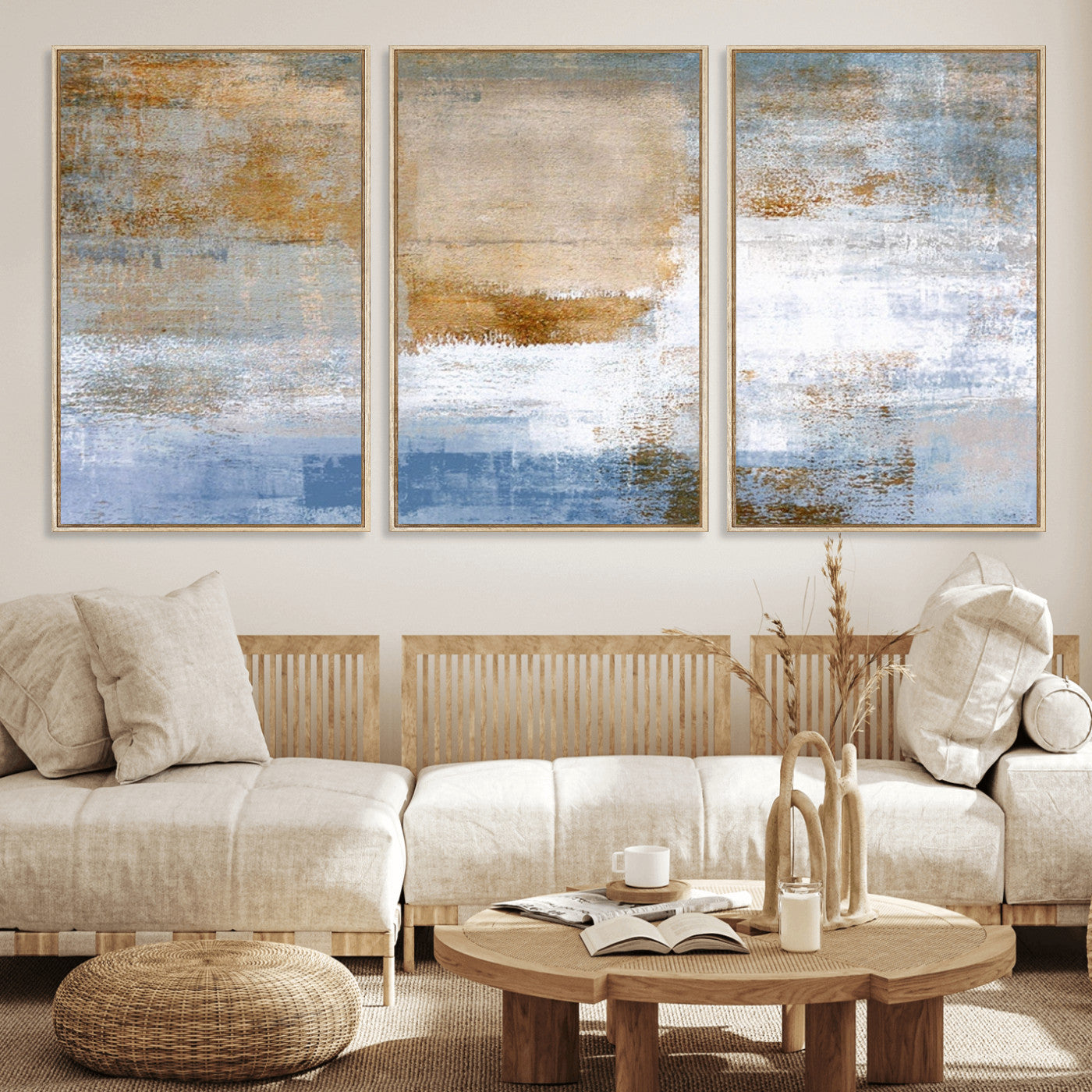 72354-MGV-FC-60X30-3P_Natural-Blue and Gold Abstract Wall Art – Modern Minimalist Canvas Print, Textured Contemporary Painting for Living Room, Bedroom, or