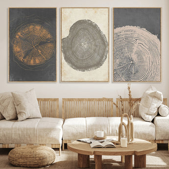 80725-MGV-FC-60X30-3P_Natural-Wood Tree Rings Wall Art Canvas Print, Framed Tree Rings Art Picture Print, Abstract Tree Rings Perfect Modern Boho Decor Artwork