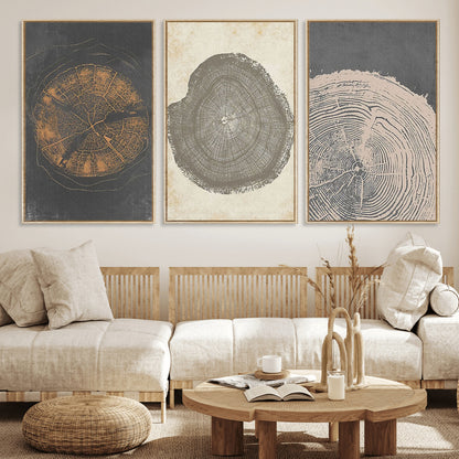 80725-MGV-FC-60X30-3P_Natural-Wood Tree Rings Wall Art Canvas Print, Framed Tree Rings Art Picture Print, Abstract Tree Rings Perfect Modern Boho Decor Artwork