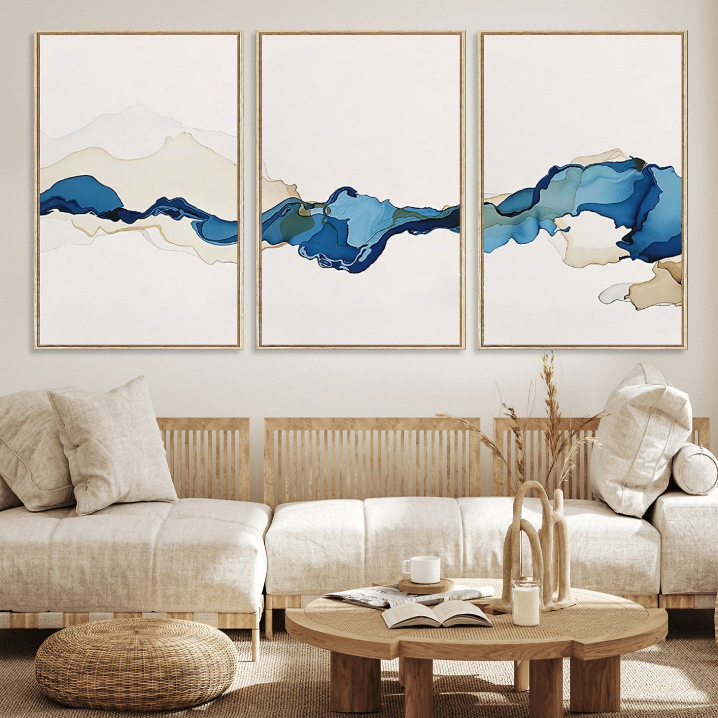 95528-MGV-FC-60X30-3P_Natural-Abstract Blue Wave Wall Art – Modern Ocean Inspired Canvas Print, Minimalist Fluid Painting for Living Room, Bedroom or Office
