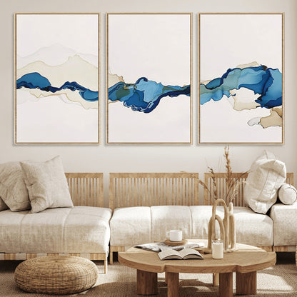 95528-MGV-FC-60X30-3P_Natural-Abstract Blue Wave Wall Art – Modern Ocean Inspired Canvas Print, Minimalist Fluid Painting for Living Room, Bedroom or Office