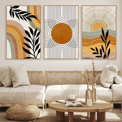 44668-MGV-FC-60X30-3P_Natural-Mid Century Modern Wall Art – Abstract Sun and Rainbow Canvas Print, Minimalist Geometric Boho Decor for Living Room, Bedroom or