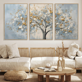 65811-MGV-CV-36X24-Abstract Tree Wall Art – Textured Canvas Painting with Gold and White Leaves, Modern Nature Inspired Decor for Living Room or