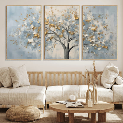 65811-MGV-CV-36X24-Abstract Tree Wall Art – Textured Canvas Painting with Gold and White Leaves, Modern Nature Inspired Decor for Living Room or