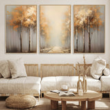 95004-MGV-FC-60X30-3P_Natural-Autumn Forest Path Wall Art – Hand Painted Canvas Print with Golden Trees, Modern Nature Landscape Decor for Living Room, Bedroom