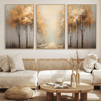 95004-MGV-FC-60X30-3P_Natural-Autumn Forest Path Wall Art – Hand Painted Canvas Print with Golden Trees, Modern Nature Landscape Decor for Living Room, Bedroom