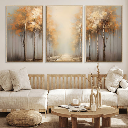 95004-MGV-FC-60X30-3P_Natural-Autumn Forest Path Wall Art – Hand Painted Canvas Print with Golden Trees, Modern Nature Landscape Decor for Living Room, Bedroom