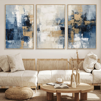 44344-MGV-FC-60X30-3P_Natural-Abstract Blue and Gold Wall Art – Modern Hand Painted Canvas Print, Contemporary Textured Painting for Living Room, Bedroom or