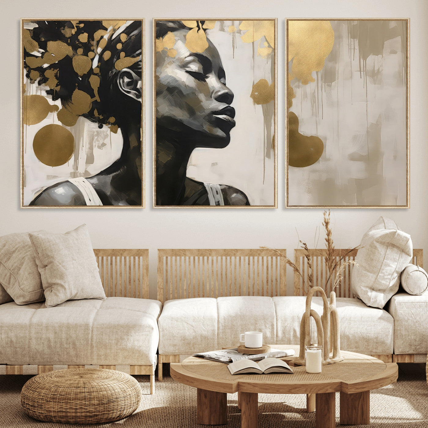 65669-MGV-CV-36X24-Elegant Black Woman Wall Art – Modern Abstract Portrait Canvas with Gold Accents, Contemporary Afrocentric Decor for Living Room