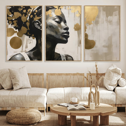 65669-MGV-CV-36X24-Elegant Black Woman Wall Art – Modern Abstract Portrait Canvas with Gold Accents, Contemporary Afrocentric Decor for Living Room