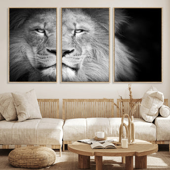 94453-MGV-FC-60X30-3P_Natural-Lion Portrait Wall Art – Black and White King of the Jungle Canvas Print, Safari Wildlife Decor for Office, Bedroom, or Living