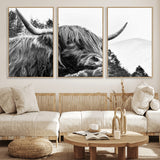 61570-MGV-FC-60X30-3P_Natural-Highland Cow Wall Art – Black and White Scottish Bull Canvas Print, Rustic Farmhouse Animal Decor for Living Room, Bedroom, or