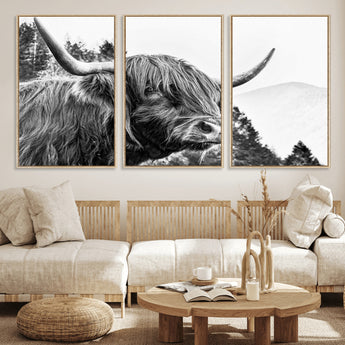 61570-MGV-CV-36X24-Highland Cow Wall Art – Black and White Scottish Bull Canvas Print, Rustic Farmhouse Animal Decor for Living Room, Bedroom, or