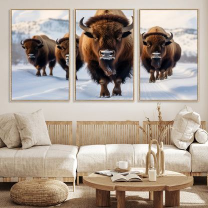 56701-MGV-FC-60X30-3P_Natural-Bison Herd Wall Art – Buffalo Walking in Snowy Mountains Canvas Print, Rustic Wildlife Decor for Cabin, Lodge, or Living Room