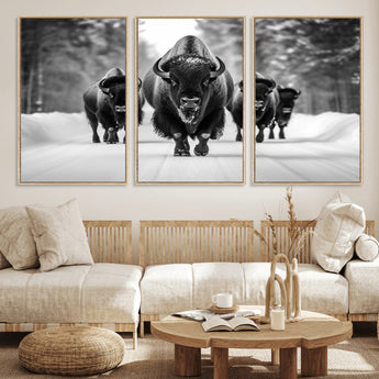 45287-MGV-FC-60X30-3P_Natural-Bison Herd Wall Art – Black and White Buffalo Snow Road Canvas Print, Rustic Wildlife Decor for Cabin, Lodge or Living Room