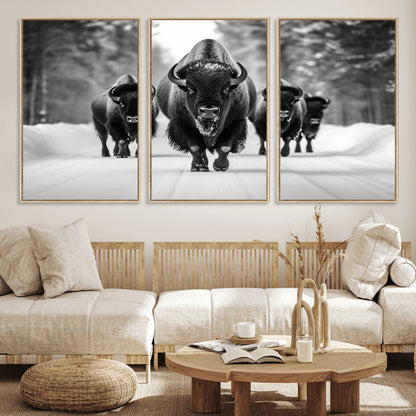 45287-MGV-FC-60X30-3P_Natural-Bison Herd Wall Art – Black and White Buffalo Snow Road Canvas Print, Rustic Wildlife Decor for Cabin, Lodge or Living Room