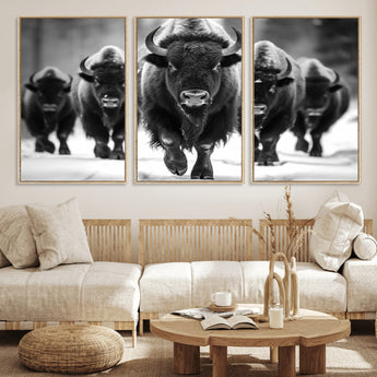 79872-MGV-CV-36X24-Bison Herd Wall Art – Black and White Buffalo on Snow Canvas Print, Rustic Wildlife Decor for Lodge, Cabin, or Living Room