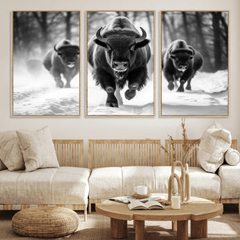 97552-MGV-CV-36X24-Black and White Bison Wall Art – Buffalo Herd Running in Snow Canvas Print, Rustic Wildlife Photography Decor for Cabin, Lodge, or