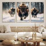 56549-MGV-FC-60X30-3P_Natural-Wild Bison Wall Art – Majestic Buffalo Herd Running in Snow Canvas Print, Rustic Wildlife Photography Decor for Cabin, Lodge, or