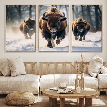 56549-MGV-FC-60X30-3P_Natural-Wild Bison Wall Art – Majestic Buffalo Herd Running in Snow Canvas Print, Rustic Wildlife Photography Decor for Cabin, Lodge, or