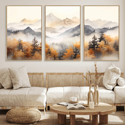 70049-MGV-FC-60X30-3P_Natural-Autumn Mountain Forest Wall Art – Misty Landscape Canvas Print, Rustic Nature Inspired Decor for Living Room, Bedroom or Office