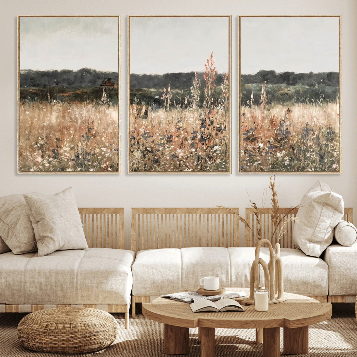 46308-MGV-FC-60X30-3P_Natural-Wildflower Field Wall Art – Rustic Meadow Landscape Canvas Print, Country Nature Decor for Living Room, Bedroom or Farmhouse