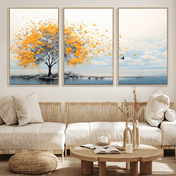 23385-MGV-FC-60X30-3P_Natural-Golden Butterfly Tree Wall Art – Abstract Yellow and Gray Canvas Print, Modern Nature Artwork for Living Room, Bedroom or Office