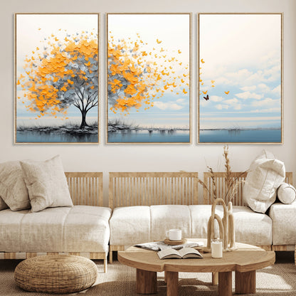 23385-MGV-FC-60X30-3P_Natural-Golden Butterfly Tree Wall Art – Abstract Yellow and Gray Canvas Print, Modern Nature Artwork for Living Room, Bedroom or Office