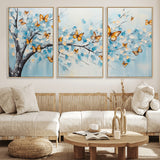 59455-MGV-FC-60X30-3P_Natural-Butterfly Tree Branch Wall Art – Blue and Yellow Abstract Canvas Print, Modern Nature Artwork for Living Room, Bedroom or Office