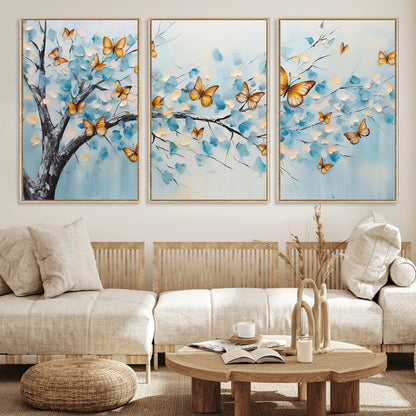 59455-MGV-FC-60X30-3P_Natural-Butterfly Tree Branch Wall Art – Blue and Yellow Abstract Canvas Print, Modern Nature Artwork for Living Room, Bedroom or Office