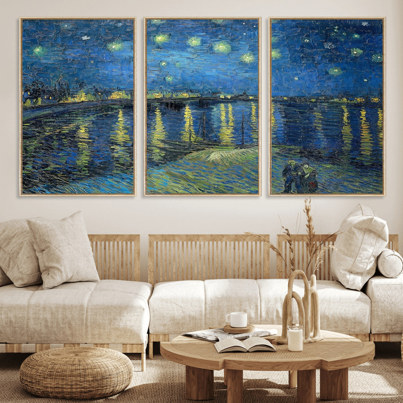 94605-MGV-FC-60X30-3P_Natural-Starry Night Over the Rhone Wall Art – Vincent van Gogh Canvas Print, Famous Impressionist Painting for Living Room, Office
