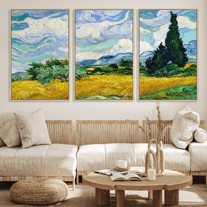 97252-MGV-FC-60X30-3P_Natural-Wheat Field with Cypress – Van Gogh Wall Art, Impressionist Landscape Canvas Print, Rustic Home Decor for Living Room or Office