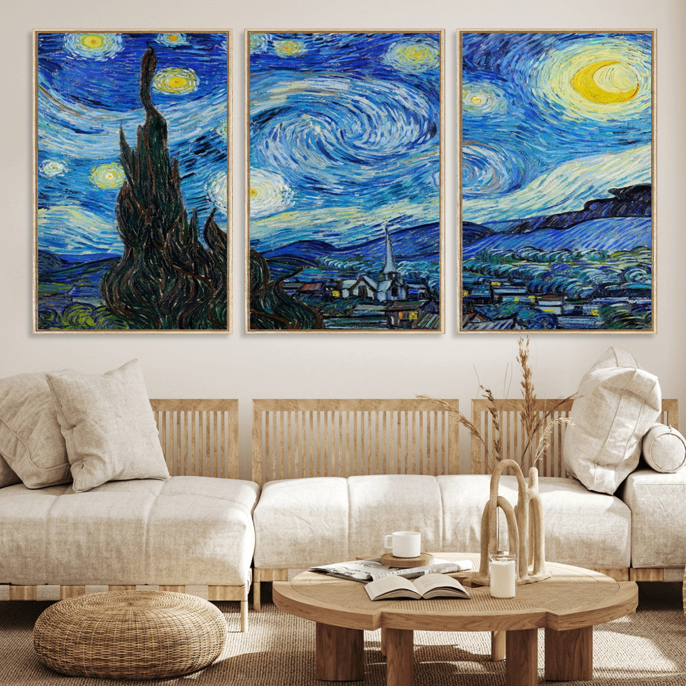 39177-MGV-FC-60X30-3P_Natural-Starry Night Wall Art – Vincent van Gogh Famous Painting Canvas Print, Timeless Starry Sky Decor for Living Room, Bedroom or