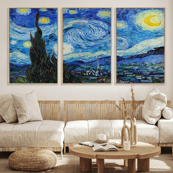 39177-MGV-FC-60X30-3P_Natural-Starry Night Wall Art – Vincent van Gogh Famous Painting Canvas Print, Timeless Starry Sky Decor for Living Room, Bedroom or