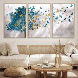 37564-MGV-FC-60X30-3P_Natural-Butterfly Tree Wall Art – Modern Nature Canvas Print with Blue and Golden Butterflies, Elegant Decorative Painting for Living Room