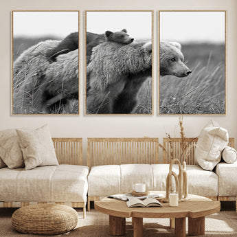 76338-MGV-CV-36X24-Mother Bear and Cub Wall Art – Black and White Wildlife Canvas Print, Rustic Nature Photography for Cabin, Living Room or Office