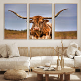 18594-MGV-FC-60X30-3P_Natural-Texas Longhorn Bull Wall Art – Rustic Western Cattle Canvas Print, Country Farmhouse Decor for Living Room, Office or Cabin