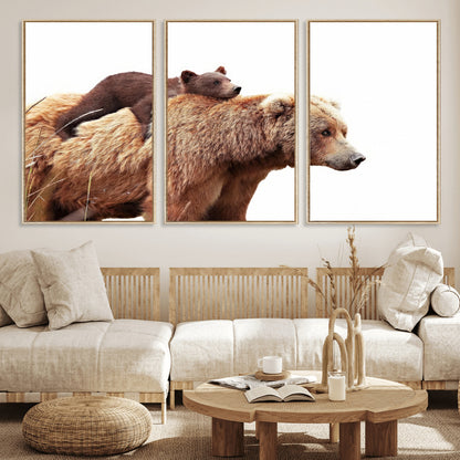 76943-MGV-FC-60X30-3P_Natural-Mom Bear Wall Art Canvas Print, Framed Bear Photography Art Picture Print, Rustic Bear and Cub Perfect Rustic Farmhouse Decor