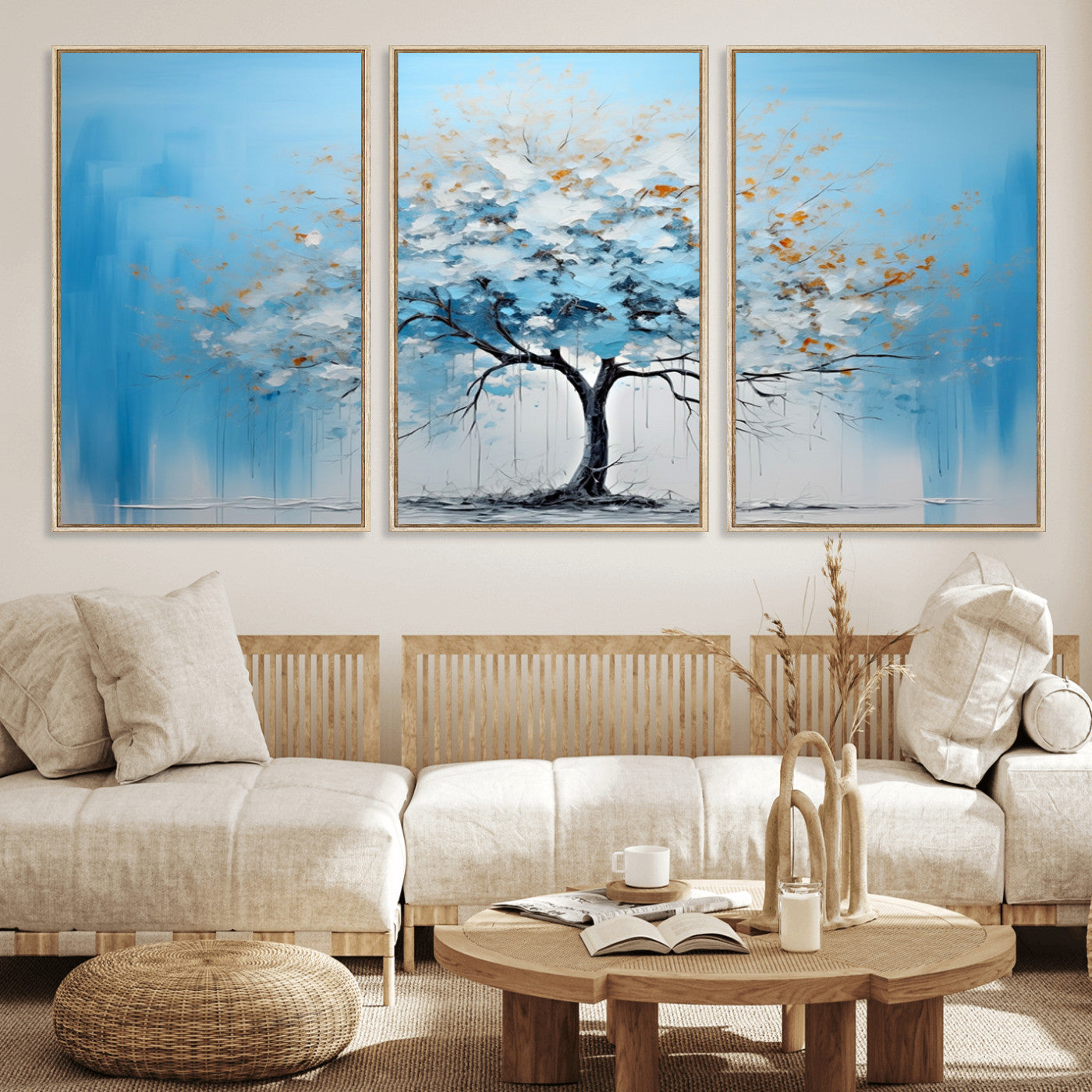 25021-MGV-FC-60X30-3P_Natural-Abstract Tree Wall Art – Blue and White Canvas Painting with Gold Accents, Modern Nature-Inspired Artwork for Living Room, Bedroom