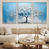 25021-MGV-FC-60X30-3P_Natural-Abstract Tree Wall Art – Blue and White Canvas Painting with Gold Accents, Modern Nature-Inspired Artwork for Living Room, Bedroom