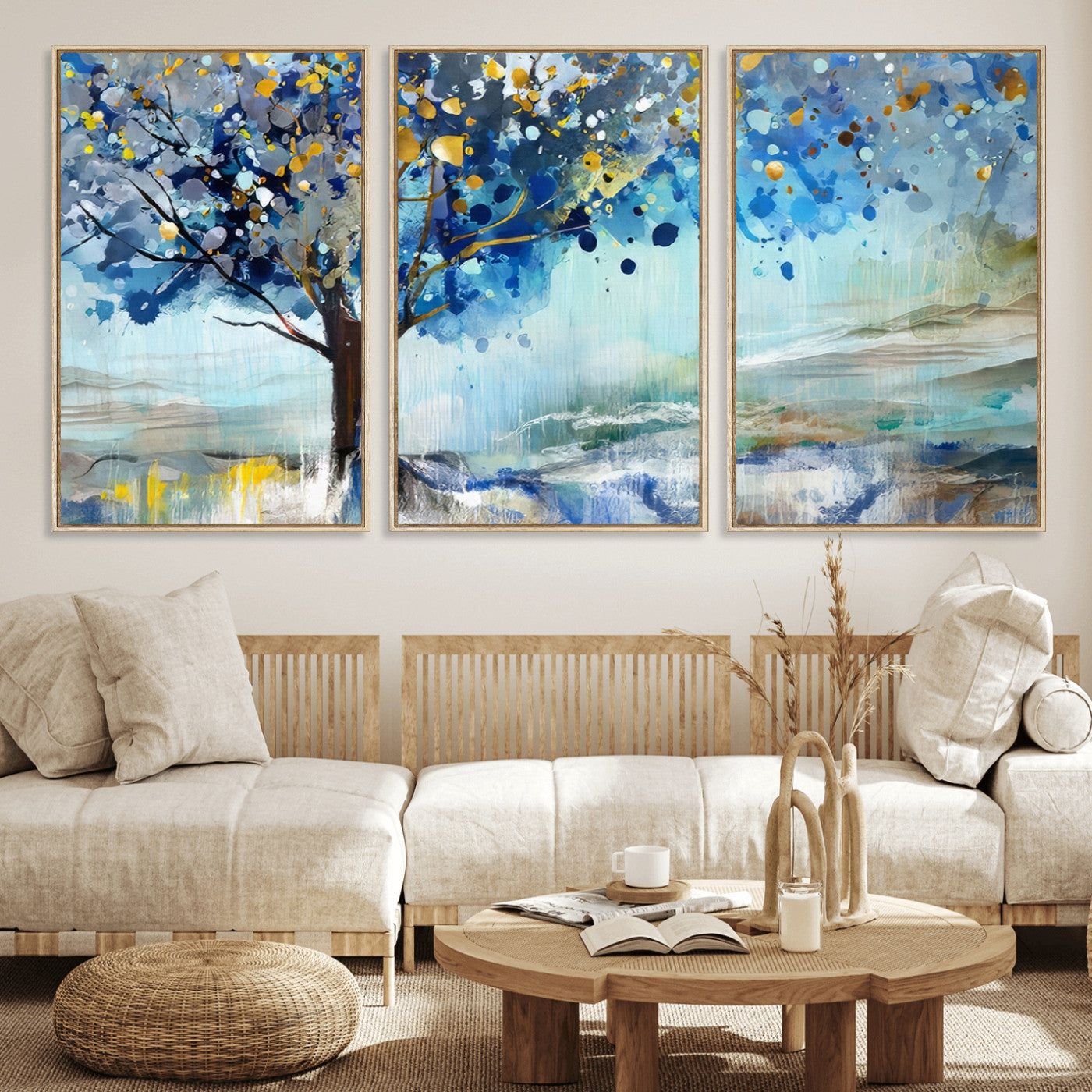 17018-MGV-FC-60X30-3P_Natural-Abstract Blue Tree Wall Art – Colorful Canvas Painting with Gold and Silver Accents, Modern Nature Artwork for Living Room,