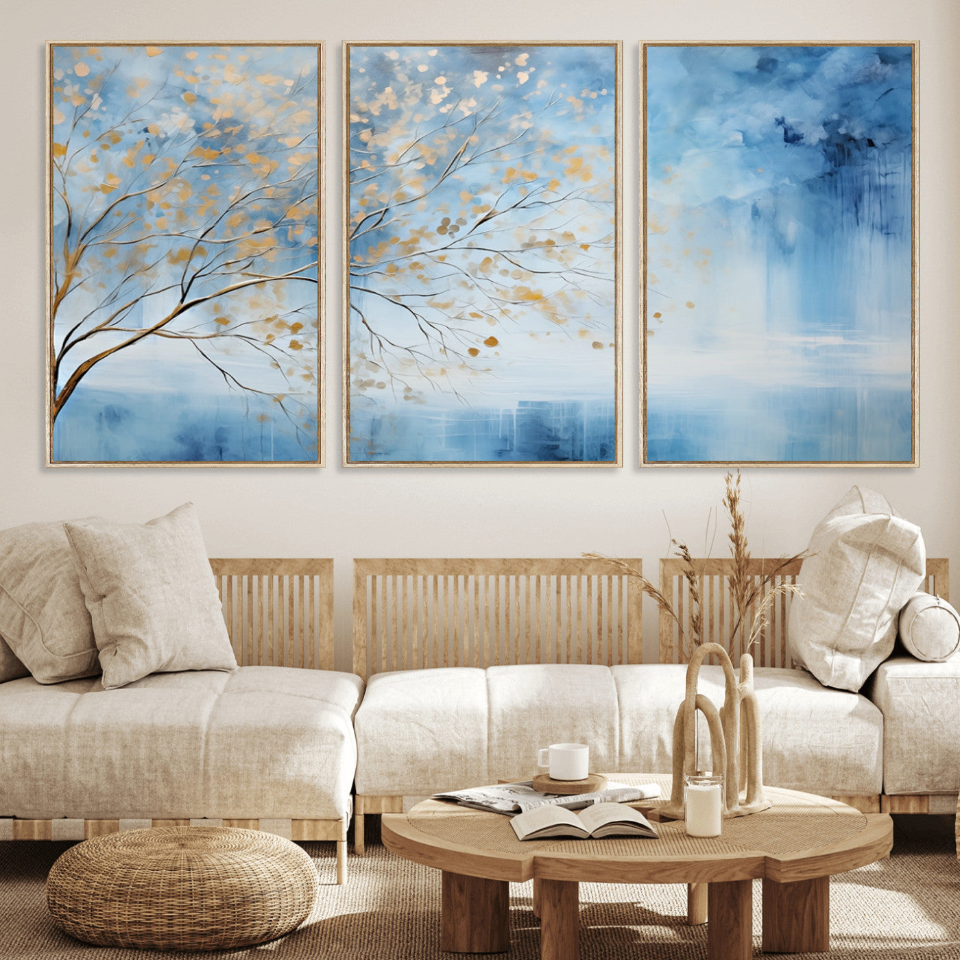 23891-MGV-FC-60X30-3P_Natural-Abstract Tree Wall Art – Minimalist Blue and Gold Canvas Painting, Elegant Nature-Inspired Artwork for Living Room, Bedroom or